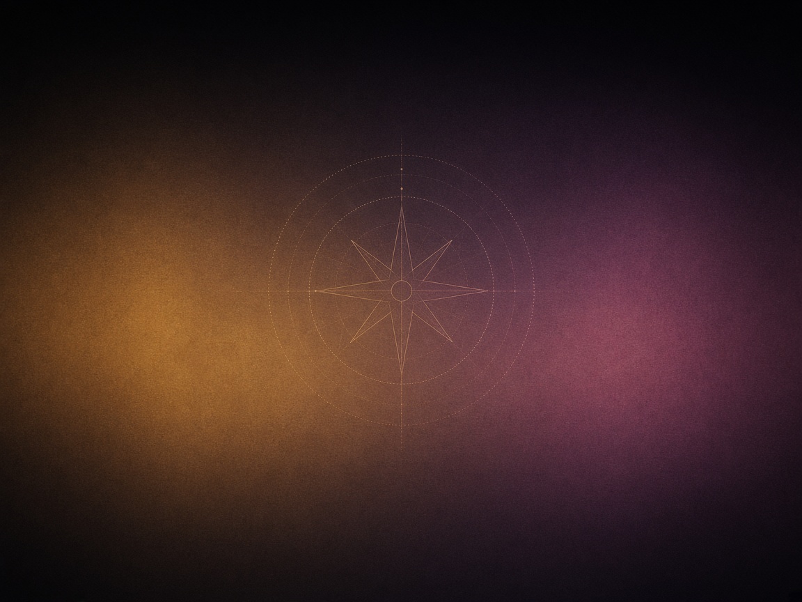 A fine-line compass rose on a field that fades from amber to violet.