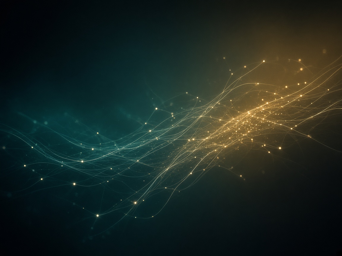 Abstract threads of light gathering into a network, green fading into gold.